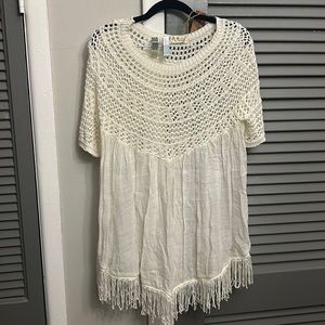 White boho knit tunic fringe • size L